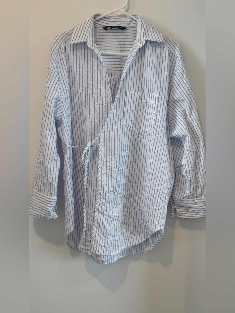 ZARA Blue White Striped Oversized Shirt Tie Detail Size S Y2K